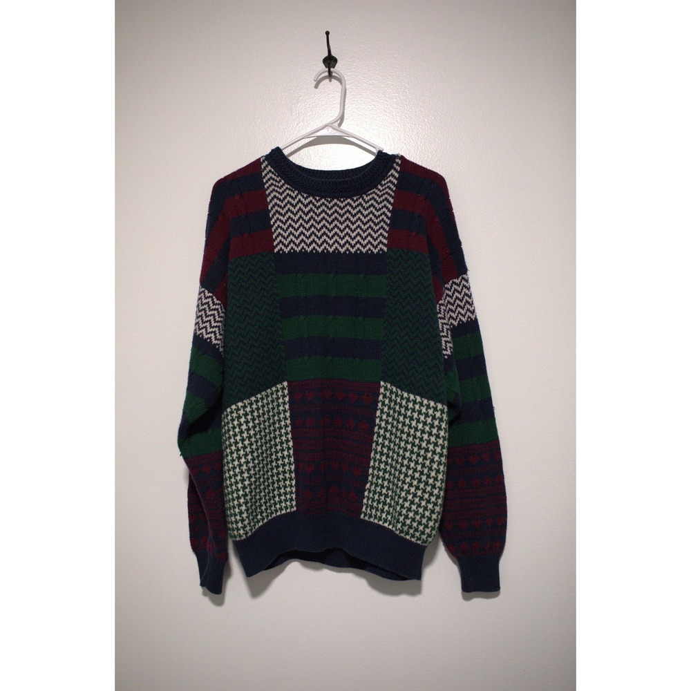 Hill & Archer Mens Patchwork Knit Sweater Large Mixed Pattern Crewneck Vintage